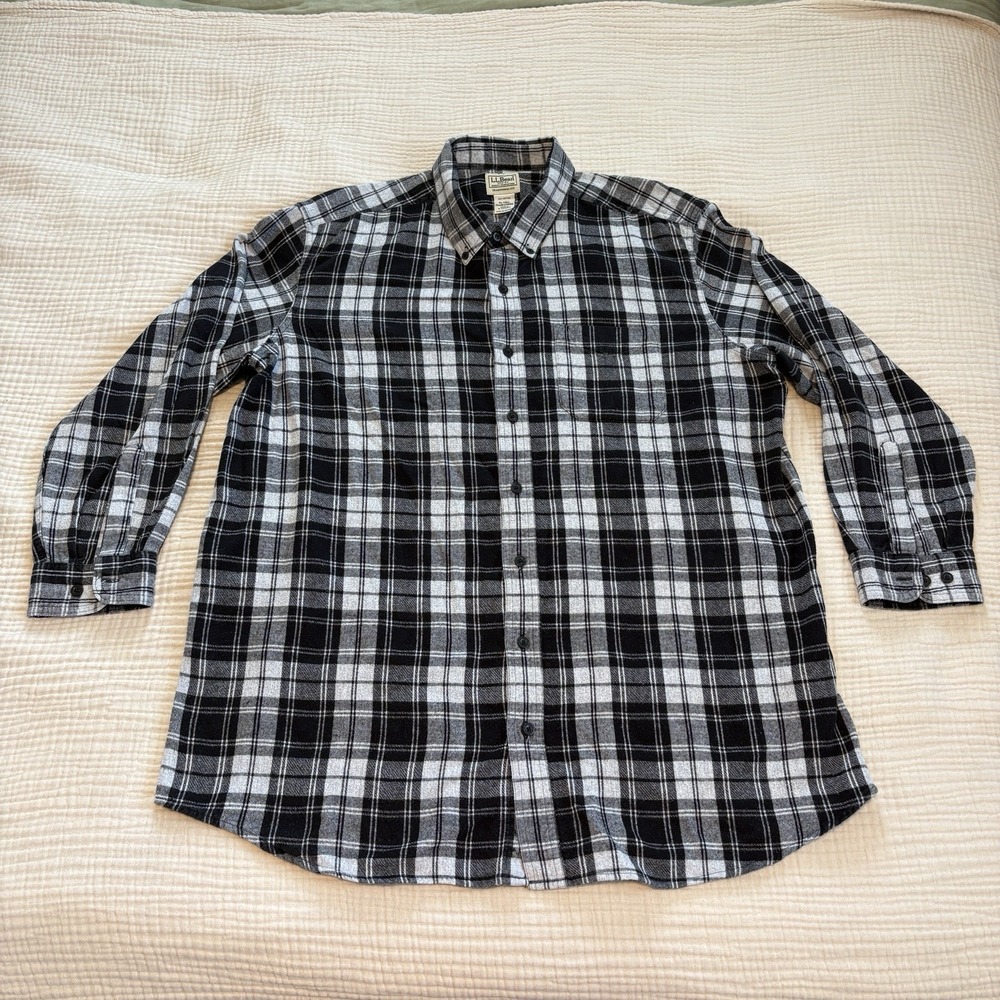 LL Bean Shirt Mens XL‎ Tall Flannel Black Plaid Button Down Outdoors Camp Hiking